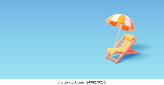 Silla de playa, sombrilla, 3D. Para publicidad de descanso, relajación, hoteles, verano brillante, frescura cerca del océano, el mar. Ilustración vectorial.