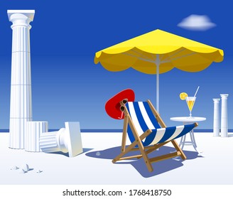 Beach chair and umbrella against the backdrop of the Adriatic landscape with ruined antique columns. Symbol and metaphor of tourism and travel. Vector illustration