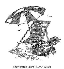 Beach chair, umbrella and bag with towel. Sketch. Engraving style. Vector illustration.