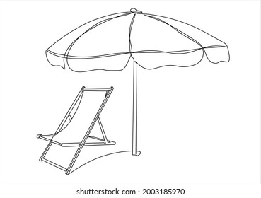 Beach chair and umbrella. Continuous line vector illustration