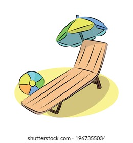 Beach chair with an Umbrella Cover Doodle Illustration. Hand drawn, colorful icon, logo, cartoon, comic, summer. Sit, lounge chair, tent.