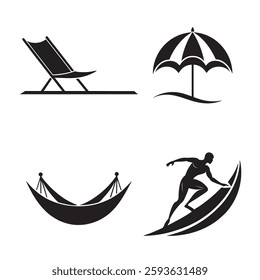 Beach chair, Umbrella, hammock, surfing man silhouette vector illustration.