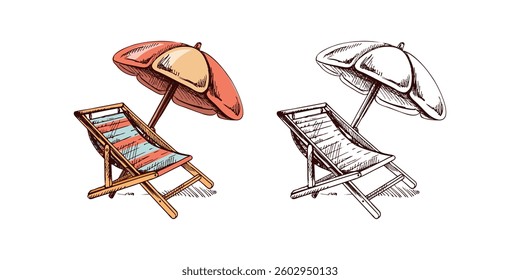 Beach chair and umbrella hand drawn sketch in color and monochrome version, summer vacation illustration