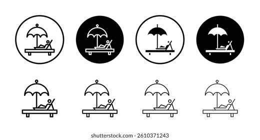 Beach chair with umbrella icon Black and white outline vector
