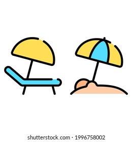 Beach chair and beach umbrella icon with outline style and pixel perfect base. Suitable for website design, logo, app and UI. Based on the size of the icon in general, so it can be reduced.