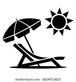 Beach chair umbrella icon representing season and summertime themes. Vector illustration ideal for vacation, travel, and tropical holiday visuals.