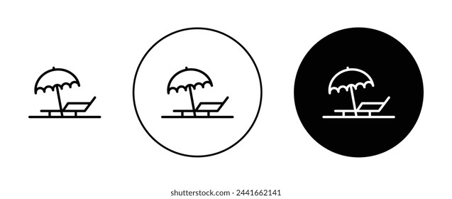 Beach chair with umbrella icon set. sunbed and parasol pictogram. summer sea resort sign. seashore chill holiday vector symbol. beachside holiday icon.