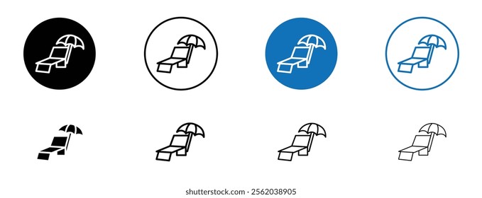 Beach chair with umbrella icon set in black and blue colors