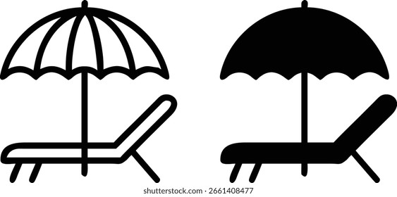 Strandstuhl Regenschirm Symbol Vektor, Schwarz Weiß Sommer Entspannungssymbol, Urlaub Feiertage Illustration