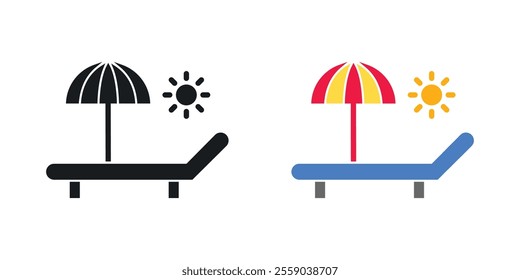 Beach chair with umbrella icons in black and colored version