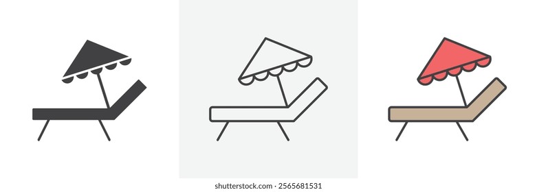 Beach chair with umbrella icons in black and colored versions