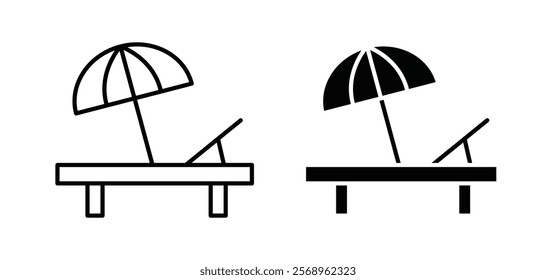 Beach chair with umbrella icons in black and white colors