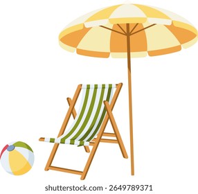 Beach chair with umbrella and inflatable ball. Summer vacation. Travel time concept. Hand drawn simple vector illustration.