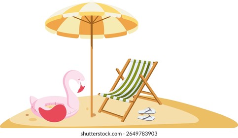 Beach chair, umbrella, inflatable flamingo. Summer vacation. Travel time concept. on the beach. Hand drawn simple vector illustration.