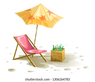 Beach chair and umbrella isolated on white background with shadow. Drink basket vector drawing.