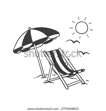 Beach chair and umbrella line icon. Summer vacation relaxation symbol with sun and birds in blue outline hand drawn vector style.
