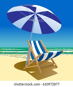 Beach chair and umbrella near the sea. Summer time voyage symbol and metaphor. Vector illustration