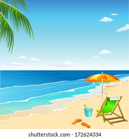 Beach chair and umbrella on sand beach. Vector background.