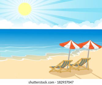 Beach chair and umbrella on tropical beach