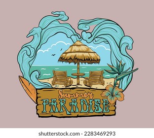beach chair and umbrella on beach vector illustration, summer beach print design for fashion, clothing, poster, tropical summer print design with typography, retro vintage summer artwork