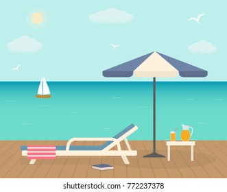 Beach chair with umbrella on wooden pier. Sunny summer beach relaxing concept. Flat style vector illustration. 