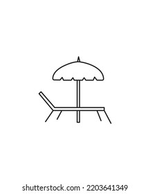 beach chair with umbrella outline isolated on white - vector. outline line art. 