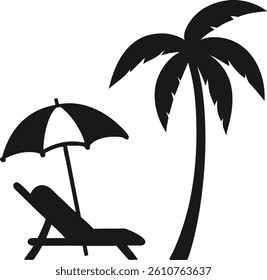 Beach Chair and Umbrella with Palm Tree Silhouette Vector. Summer Vacation Silhouette Design. Beach scene Silhouette.