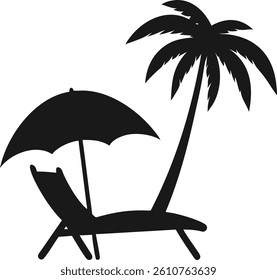 Beach Chair and Umbrella with Palm Tree Silhouette Vector. Summer Vacation Silhouette Design. Beach scene Silhouette.