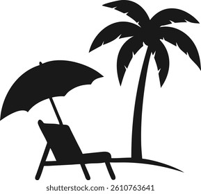 Beach Chair and Umbrella with Palm Tree Silhouette Vector. Summer Vacation Silhouette Design. Beach scene Silhouette.