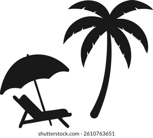 Beach Chair and Umbrella with Palm Tree Silhouette Vector. Summer Vacation Silhouette Design. Beach scene Silhouette.