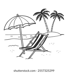 Beach chair with umbrella and palm trees. Summer landscape. Hand drawn illustration.