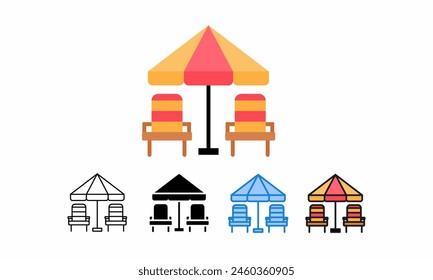 Beach chair with umbrella, set of icons with 5 different styles. Lines,flat, glyphs, and outlines contain colorful versions, outlines, and filled blue vector signs. Symbol, logo illustration. Vector 
