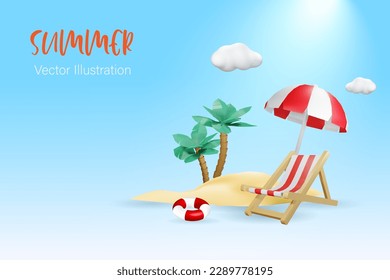 Beach chair and umbrella in summer island scene. Travel and vacation in tropical beach for relaxation. 3D vector.