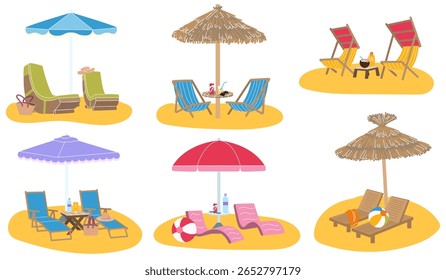 Cadeira de praia com guarda-chuva. Férias de verão na areia. Poltrona de viagem. Lazer exterior. Feriado ensolarado. Relaxamento na praia. Descanse. Decoração para resort. Sofá de madeira para banhos de sol. Conjunto de vetores de móveis