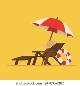 Beach chair with umbrella and swim ring. Vacation vector illustration.