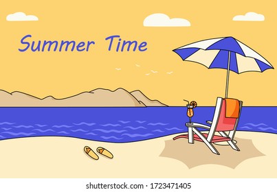 Beach chair with umbrella. Vacation and travel concept. Beach parasol, coast, landscape, sun, sand, sky, sea. Summer time vacation banner design. Retro Vector background, place for text