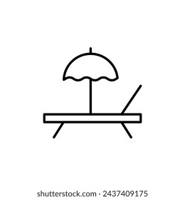 Beach chair with umbrella vector line icon illustration.