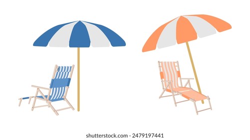 beach chair and umbrella vector set, front view and side view. vector illustration isolated on white background.