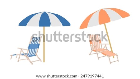 beach chair and umbrella vector set, front view and side view. vector illustration isolated on white background.