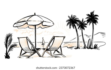 Beach chair with umbrella. Vintage drawing.