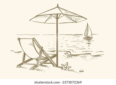 Beach chair with umbrella. Vintage drawing.