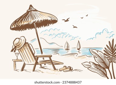 Beach chair with umbrella. Vintage drawing.