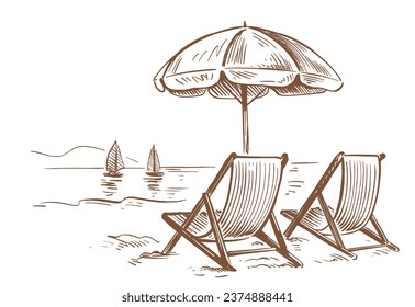 Beach chair with umbrella. Vintage drawing.