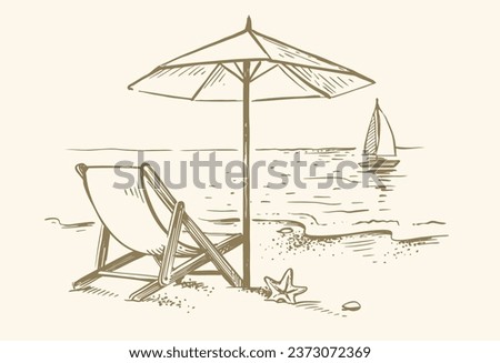 Beach chair with umbrella. Vintage drawing.