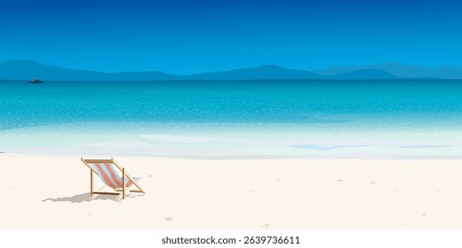 Beach chair at white sand beach and tropical blue sea have mountain ranges and blue sky background graphic illustration.