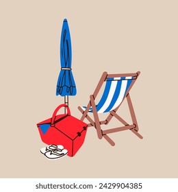 Beach chair or wooden deck chair, sun umbrella, picnic basket, sunbed. Hand drawn Vector illustration. Trendy unique style. Isolated design element. Vacation, relax, holiday concept