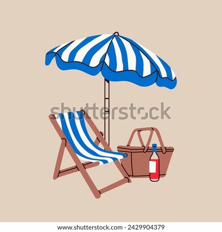 Beach chair or wooden deck chair, sun umbrella, picnic basket, sunbed. Hand drawn Vector illustration. Trendy unique style. Isolated design element. Vacation, relax, holiday concept