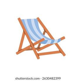 Beach chair with wooden frame and blue striped fabric seat. Foldable summer lounge chair for relaxing outdoors. Flat vector illustration isolated on white background.