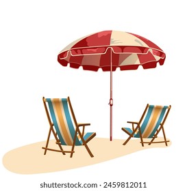 Beach chairs on the sand, red sun umbrella vector illustration. Tranquil beach scene. Summer vacation holiday concept. Chairs and umbrela for sunbath