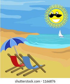 Beach chairs on beach with sun. Summer holidays.